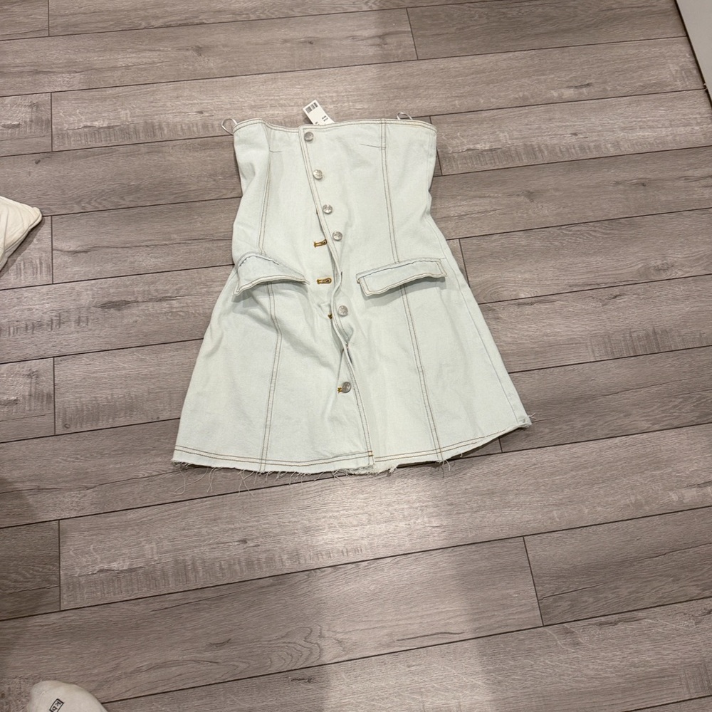 Lioness Light Blue Strapless Button-Front Denim Dress